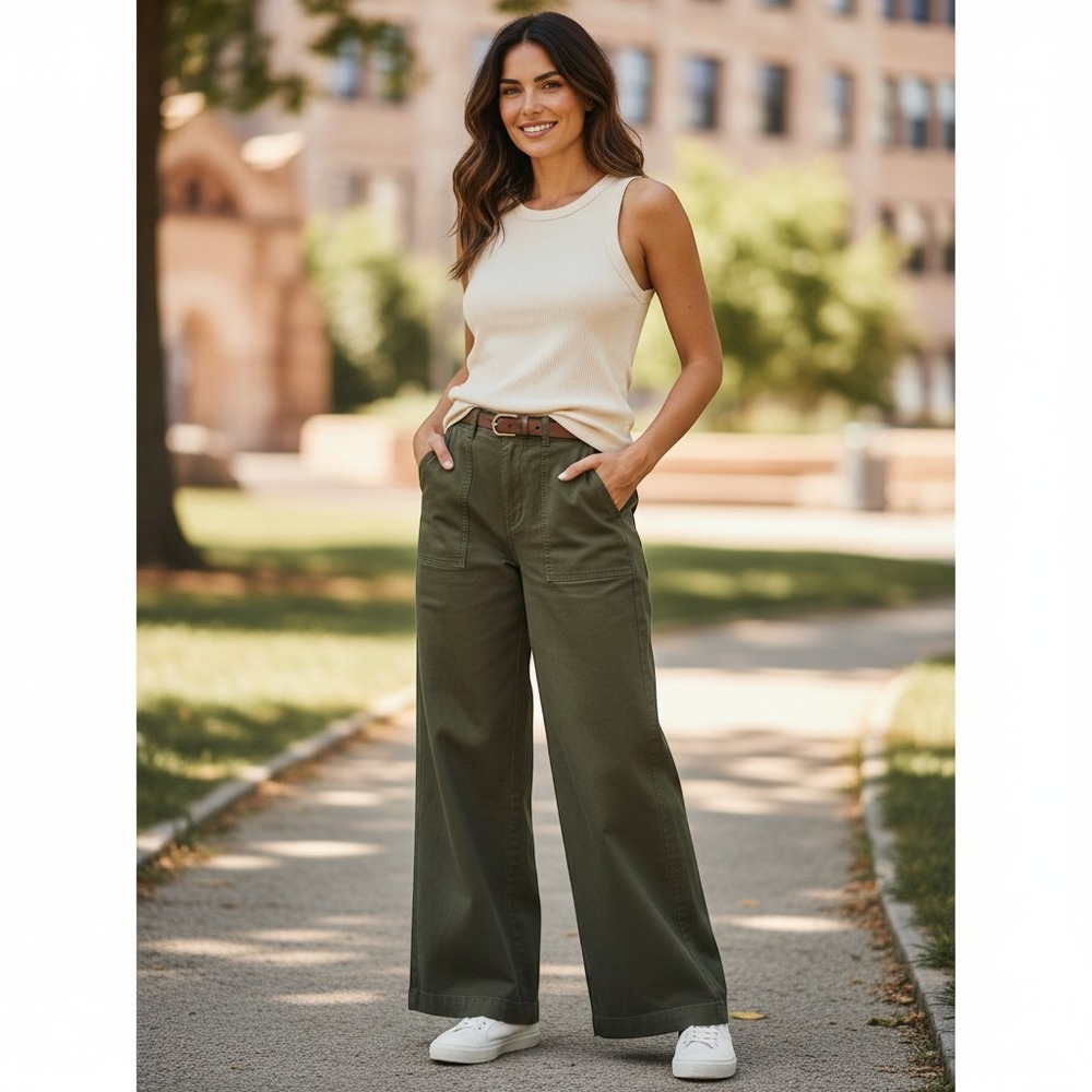 Piazza Sempione Olive Green Wide Leg Medium (30" Waist)Trousers Cotton Pants
